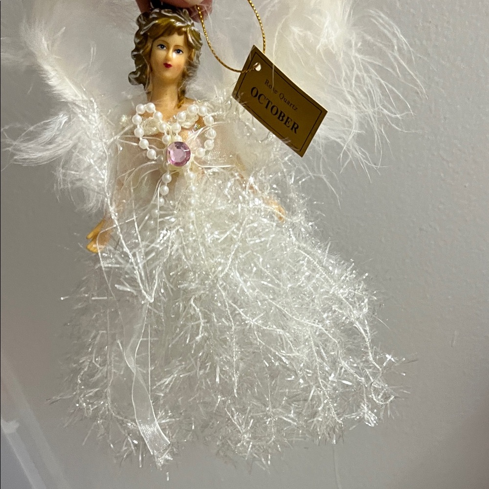 Elegant Angel October Ornament with White Feathers